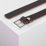 Ledergürtel 3,5cm mit Schnalle Helsinki silber glänzend dunkelbraun ohne Muster
