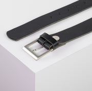 Ledergürtel 3,5cm mit Schnalle Helsinki silber glänzend schwarz ohne Muster