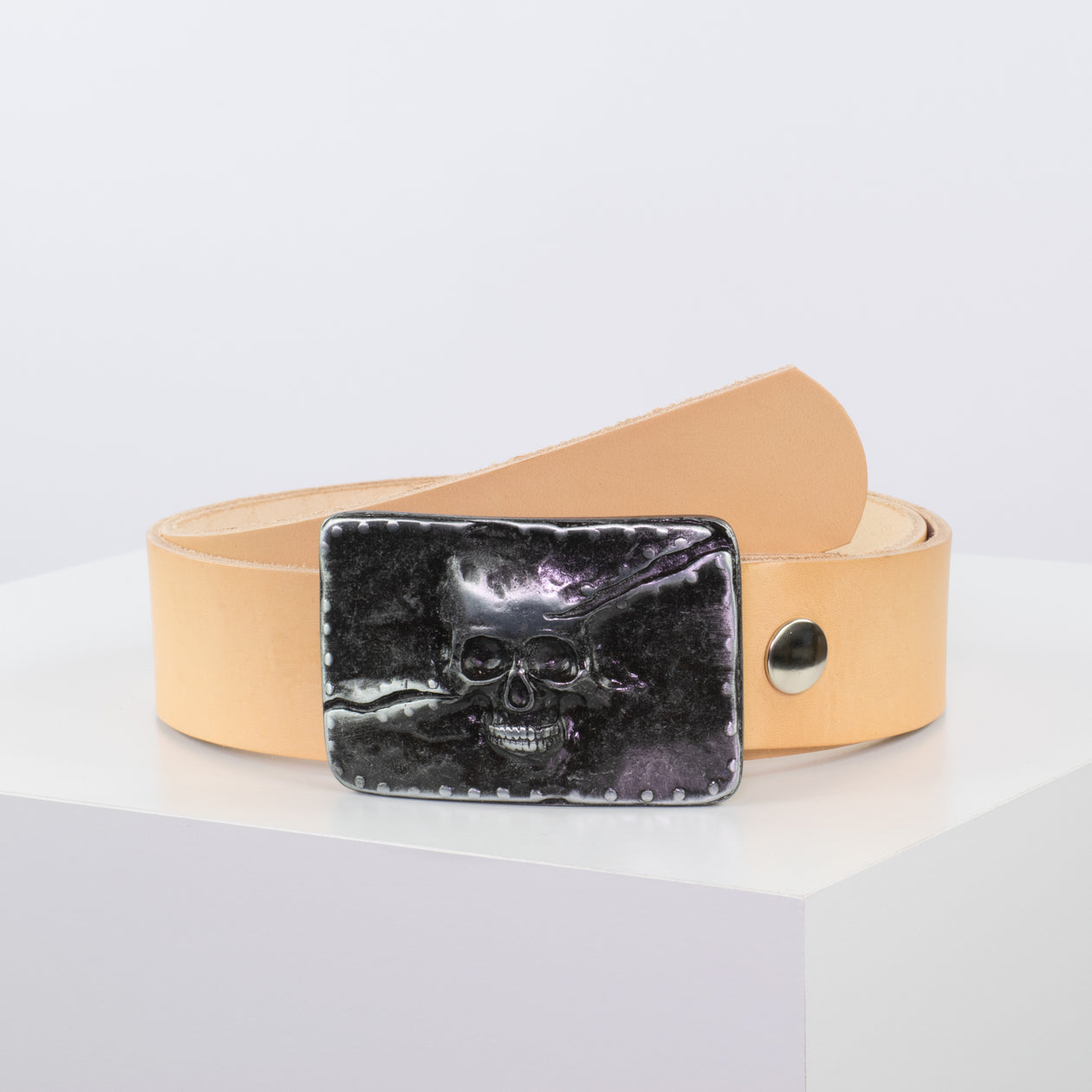 Ledergürtel 4cm mit Schnalle Totenkopf natur ohne Muster