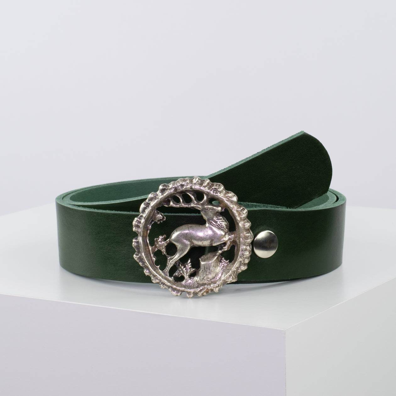 Ledergürtel 4cm mit Schnalle Hirsch grün ohne Muster