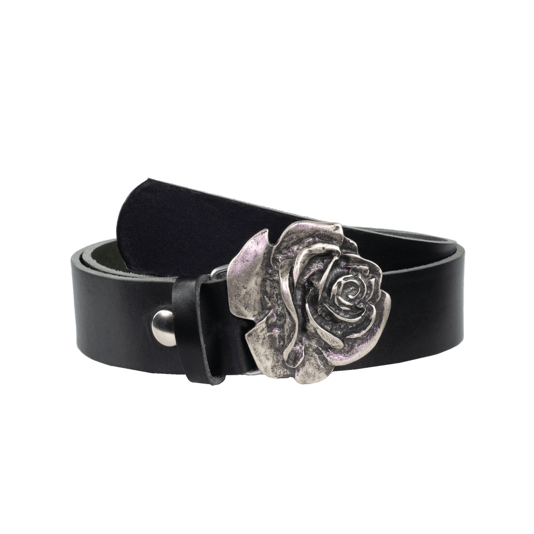 Ledergürtel mit Schnalle Rose schwarz ohne Muster#farbe_schwarz