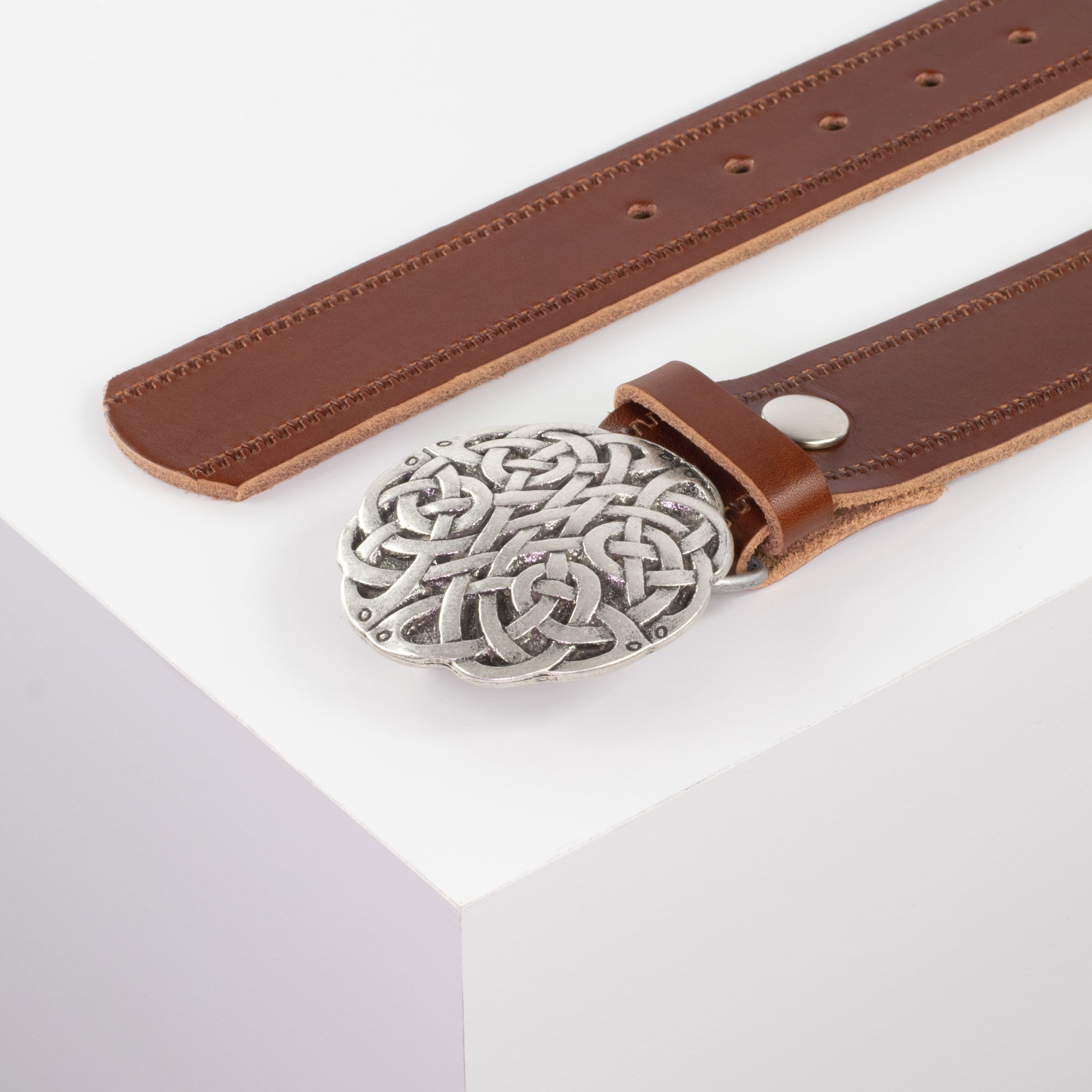 Ledergürtel mit Schnalle Gordischer Knoten cognac Reisverschluss#farbe_cognac